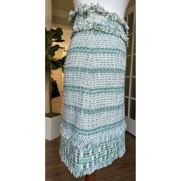 Tory Burch Nora Skirt Size 8 Green White Tweed Fringe Trim Designer Women's - Picture 5 of 12